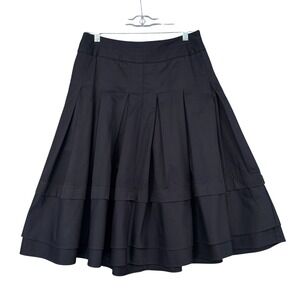 Kristin Davis Black Pleated Cotton Midi Skirt Tiered Hem Size 4 Side Zip Career